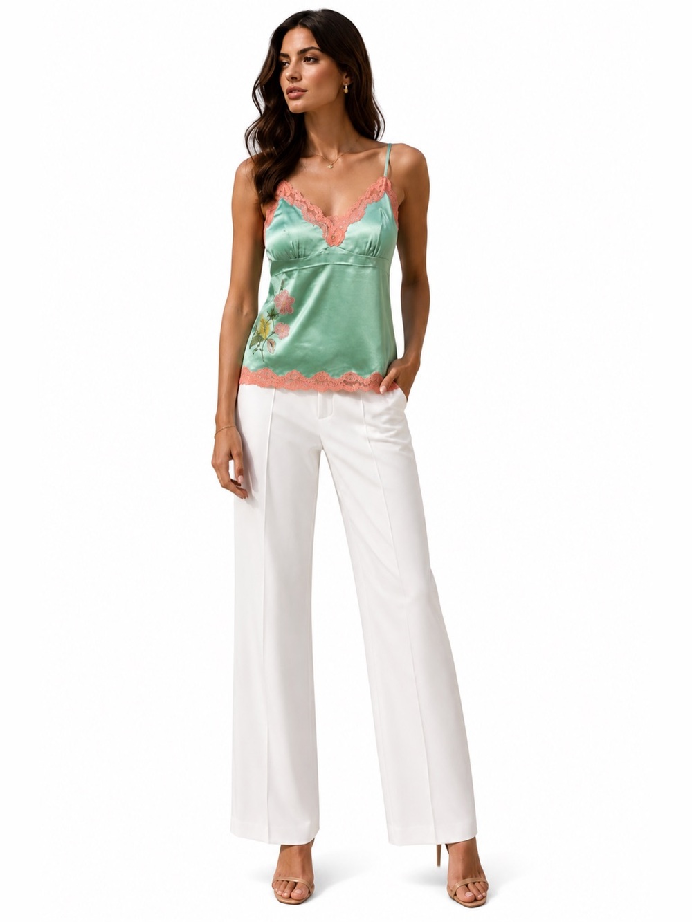 Gold Hawk Spring Jade Silk Embroidered Lace Cami Size L NWT